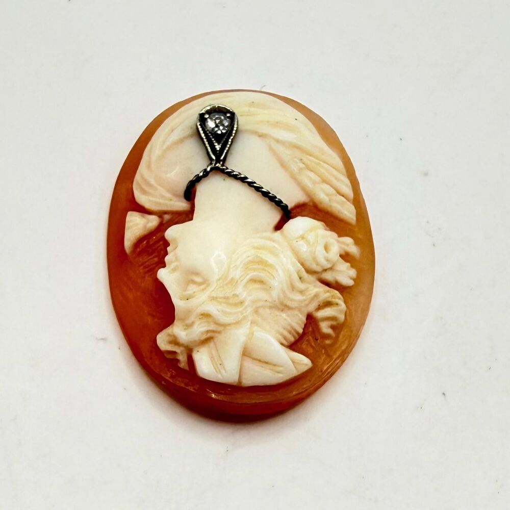 Signed Hand Carved Italian Shell Habill Cameo Genuine Diamond Necklace Loos View 3